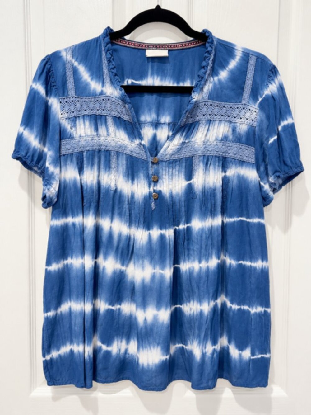 Knox Rose Blue Tie Dye Lace Blouse Approx L Boho Coastal Cottagecore